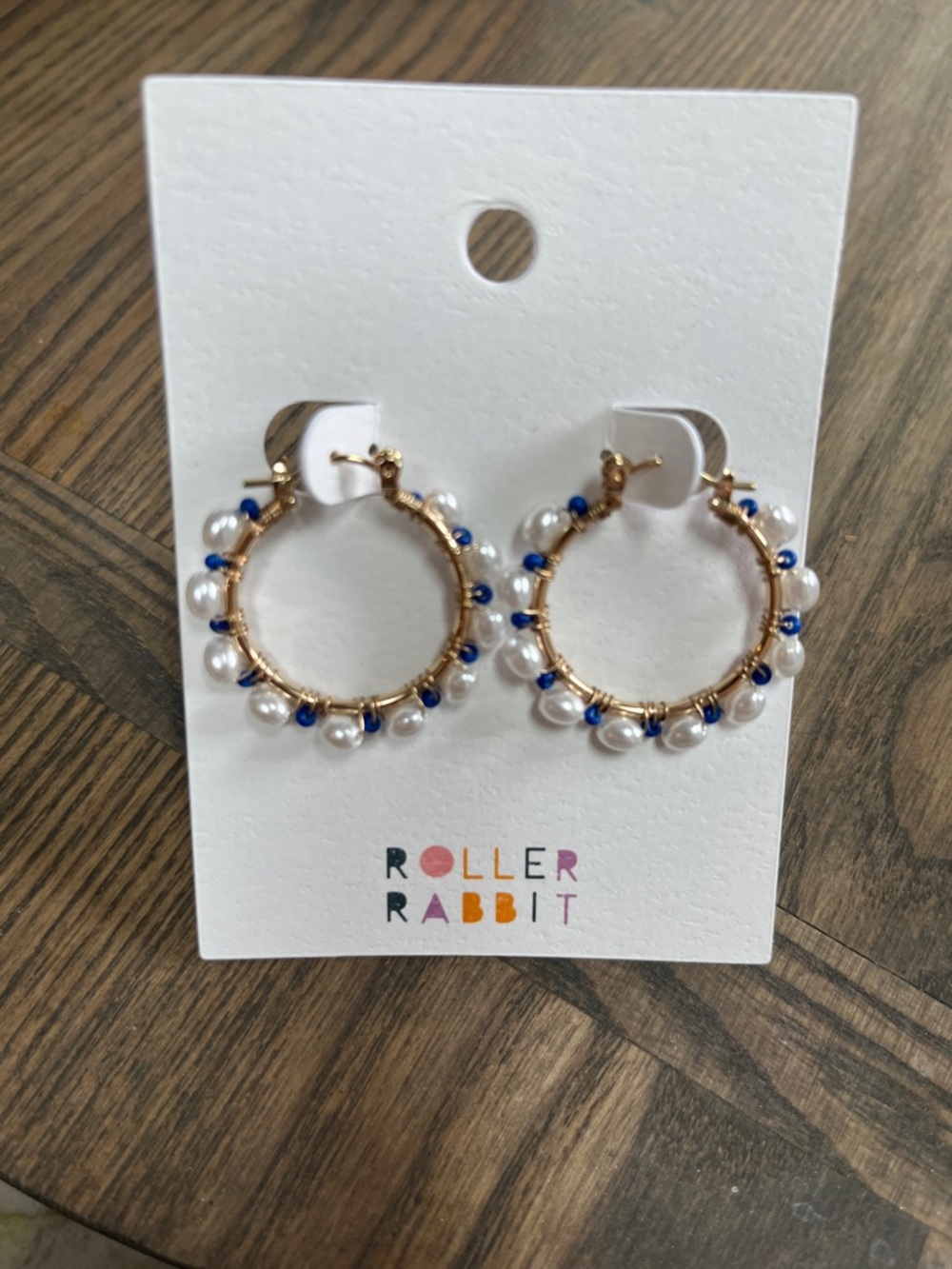 Roller Rabbit Gold Hoop Earrings with White Pearls and Blue Beads